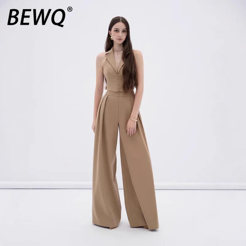 

BEWQ Fashion Women's 2 Pcs Set Lapel Sleeveless Single Breasted Short Tops High Waist Pleated Pants Elegant Suit 2025 Autumn New