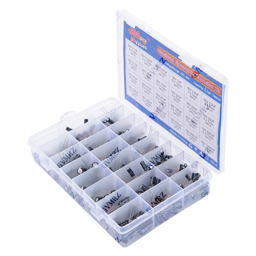 500PCS/lot 0.1UF-1000UF 24Values Aluminum Electrolytic Capacitors mix Electrolytic capacitor Assorted kit and storage box 16-50V