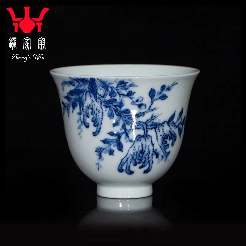 Zhongjia Kiln Teaware Set Firewood Kiln Blue and White Hand Drawn Sanduo Decoration Gaiwan Set Chinese Kung Fu Teaware Set