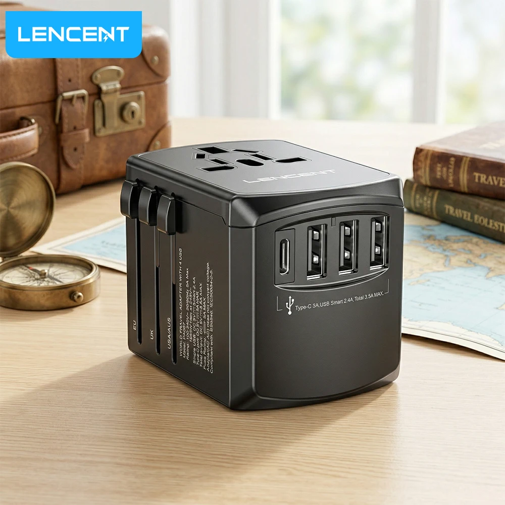 Uniwersalny adapter podróżny Tencent z 3 portami USB-A + 1 portem Type C, uniwersalna ładowarka ścienna do podróży w USA, Stany Zjednoczone, Unia Europejska, Wielka Brytania i Australia.