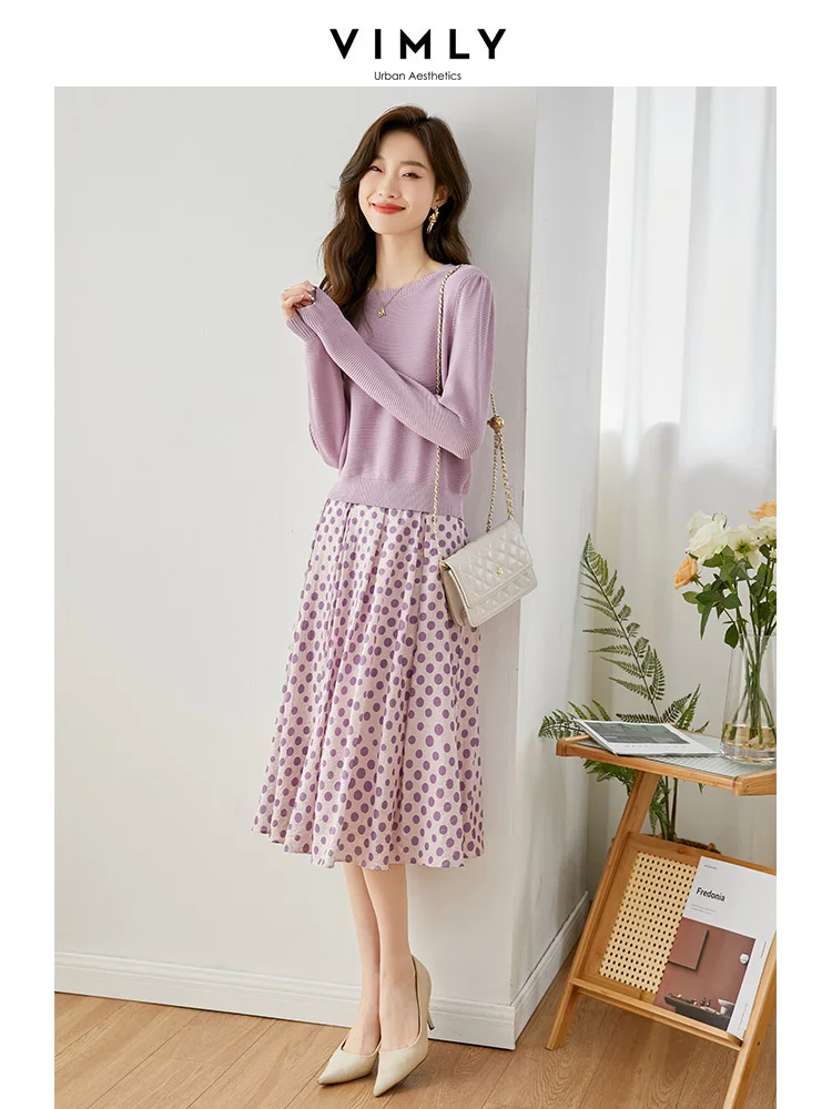 Vimly Koreanische Mode Outfit Zwei Stück Rock Sets für Frauen Frühling 2023 Neue Lila Stricken Pullover Polka Dot Röcke Kleidung v7759