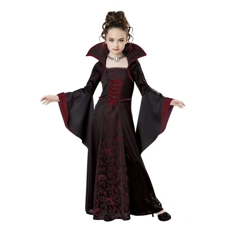 Kids Vampire Cosplay Halloween Dress for Girl Witch Vintage Scary Costume Performance Carnival Party Medieval Day of The Dead