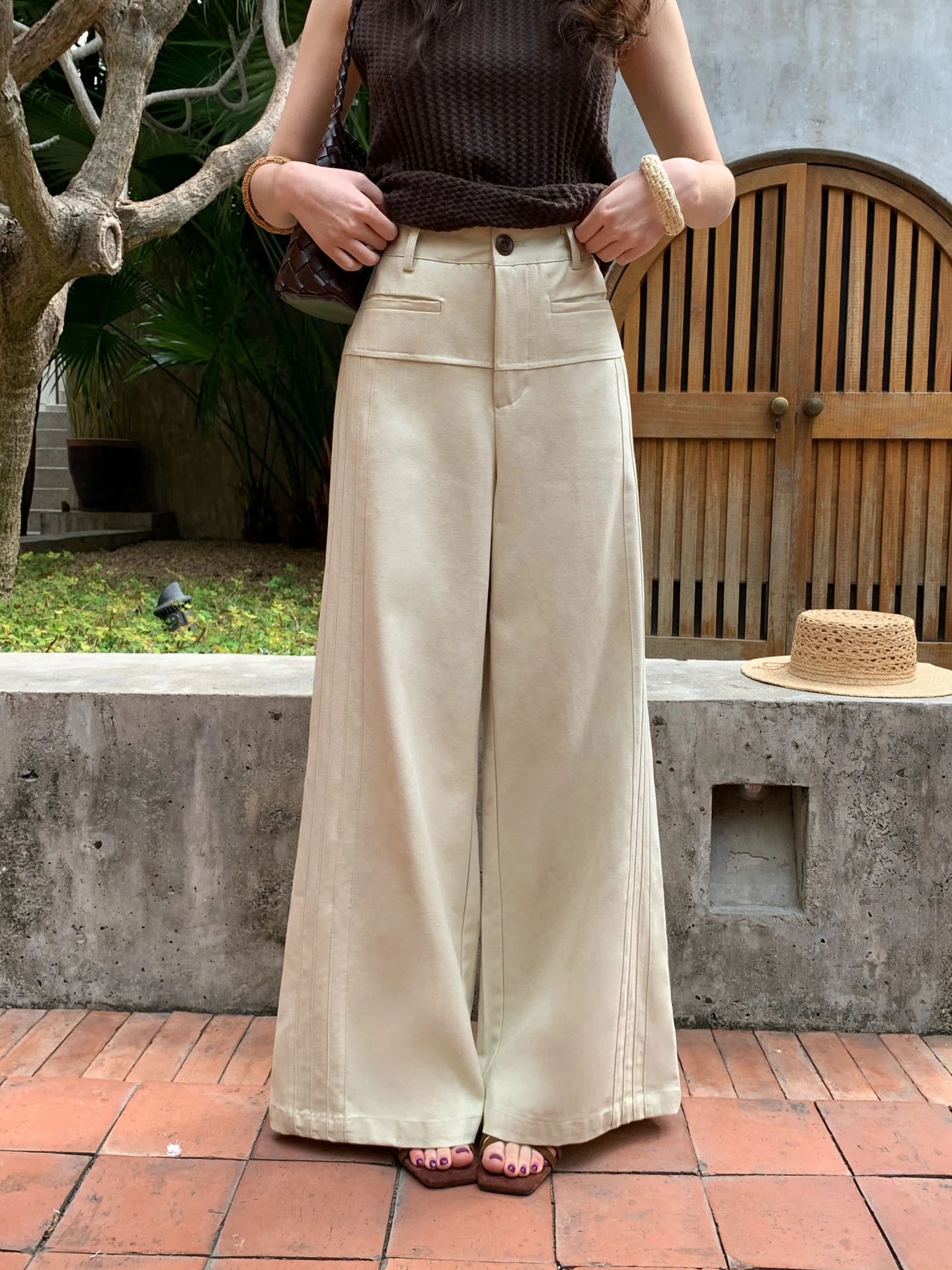 

High Waist Wide Leg Casual Pants Women's Khaki Spring Summer Moby Self-Preserving Pants Arcuate Press Striping Straight Cut