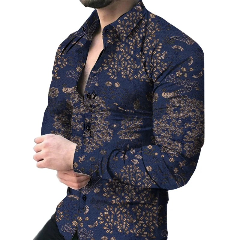

Hawaiian men's new trendy European and American men's printed trendy shirt cardigan long sleeved shirt for men
