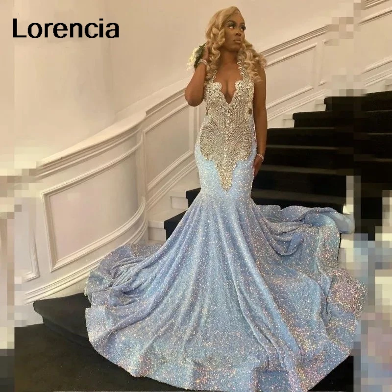 LorstudAfrican-Robe de Rhsirène bleue Aso Ebi pour filles noires, perles de cristal, paillettes, robe de soirée formelle, YPD23