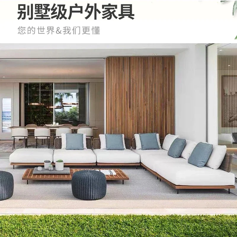 Custom-made outdoor sofa courtyard rattan combination rain and sun protection leisure open-air garden solid wood furniture