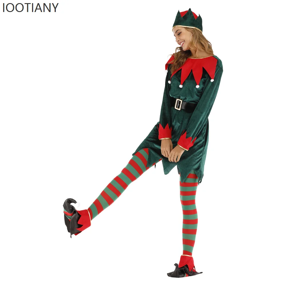 IOOTIANY  Christmas Women's Christmas Elf Costume Cosplay Green Bodysuit Santa Claus Bar Party Stage Performance Costume Set