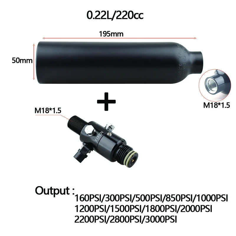 

Black Aluminum M18*1.5 0.22L 200BAR 3000PSI Scuba Gas Cylinder Output 160PSI To 3000PSI Pressure Regulator For Diving Fittings