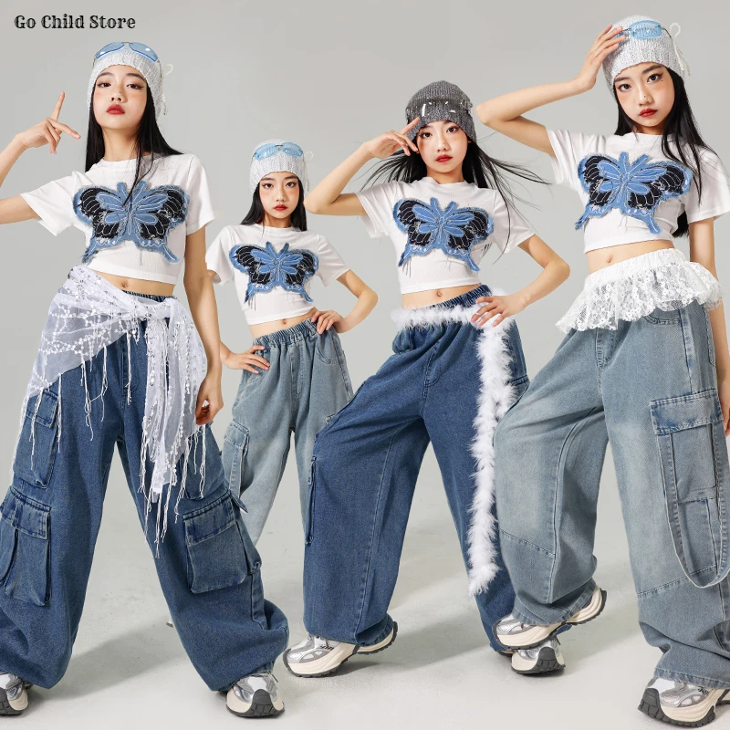

Укороченный топ K-pop для девочек, джинсы-карго с карманами, детские джинсовые брюки в стиле хип-хоп, детская уличная одежда, комплекты одежды для групповой одежды для девочек