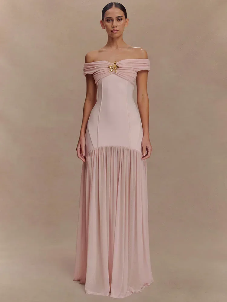 Off-shoulder Backless Sexy Maxi Dress Women Metal Flower Pink Patchwork Sleeveless Ruched Pleated Club Party Dress 2025