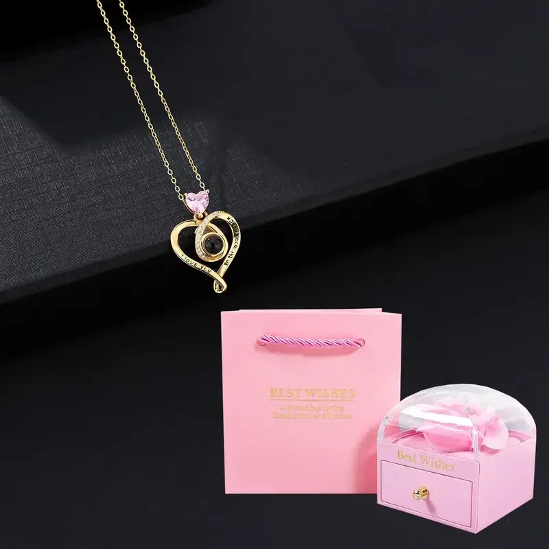 Customized Color Photo Projection Heart Necklaces With Rose Flower Gift Box Romantic Jewelry Family Birthday