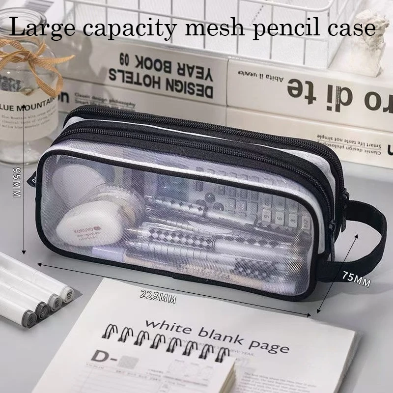 Large Capacity Double-layer Mesh Transparent High-value Pencil Case Student Universal Stationery Box Simple Portable Storage Bag