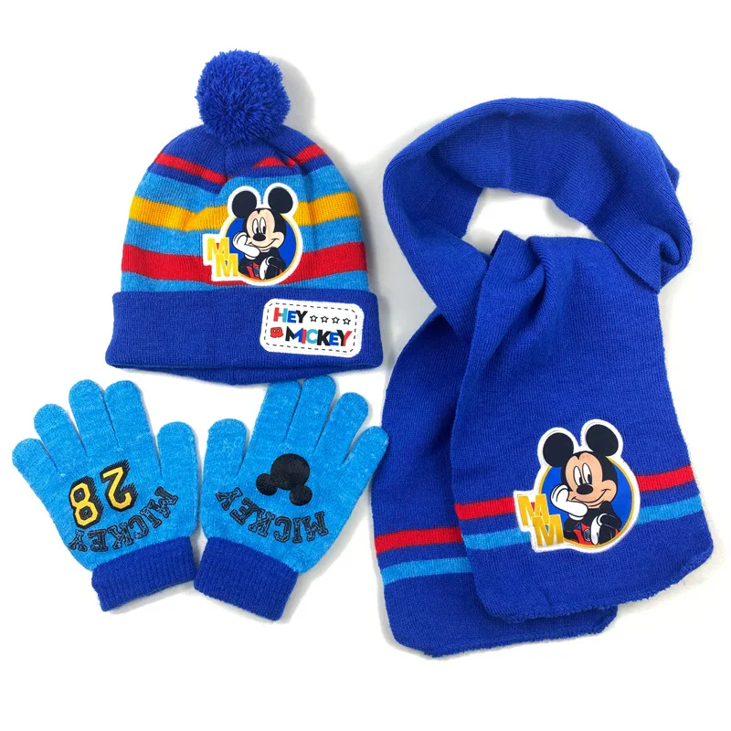 Disney Hat Scarf Gloves Three-piece Kawaii Cartoon Mickey Minnie Autumn Winter Children Knitted Warm Suit Cute Anime Kids Gifts