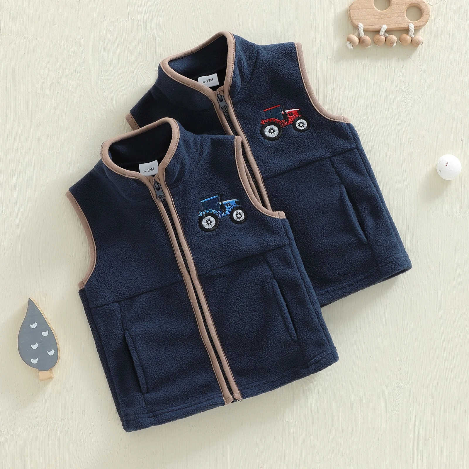 Boys Autumn Casual Vest Coat Sleeveless Stand Collar Zip Up Tractor Embroidery Fleece Vest Jacket Boys Outwear
