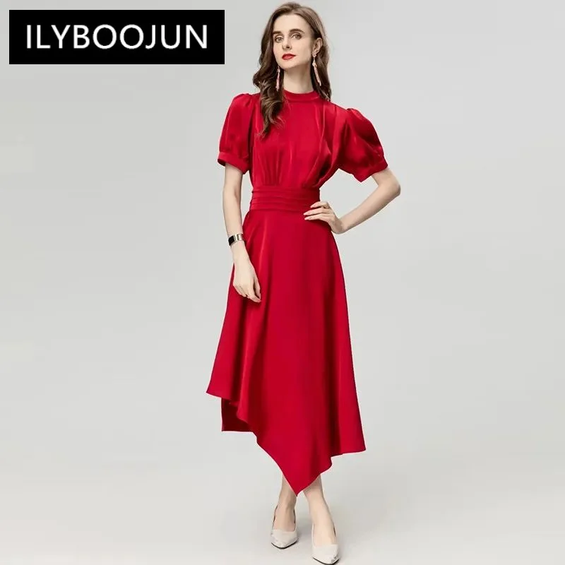 

ILYBOOJUN Fashion Designer Spring Summer Woman's Stand Collar Bow Lace-UP Asymmetrical High Street Solid Color Temperament Dress