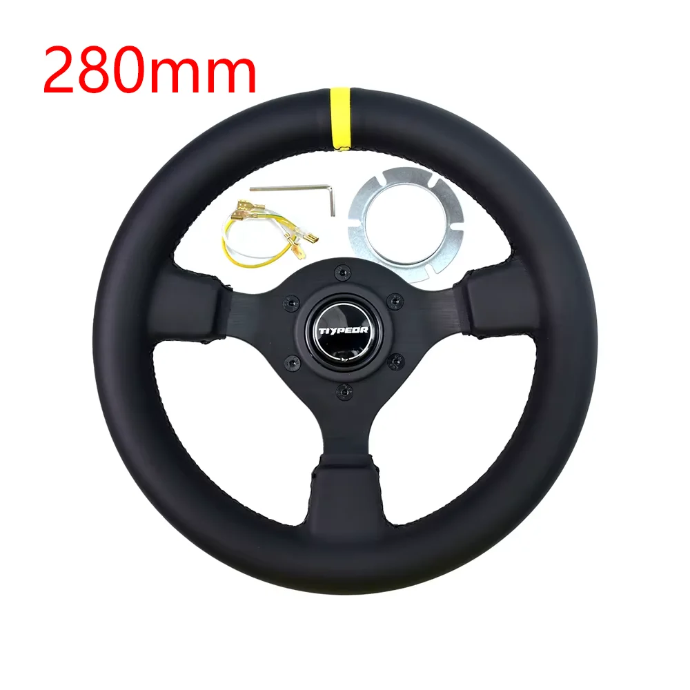 

TIYPEOR 280MM Universal Steering Wheel Leather Yellow Connector Falt Racing Steering Wheel For Sport Game