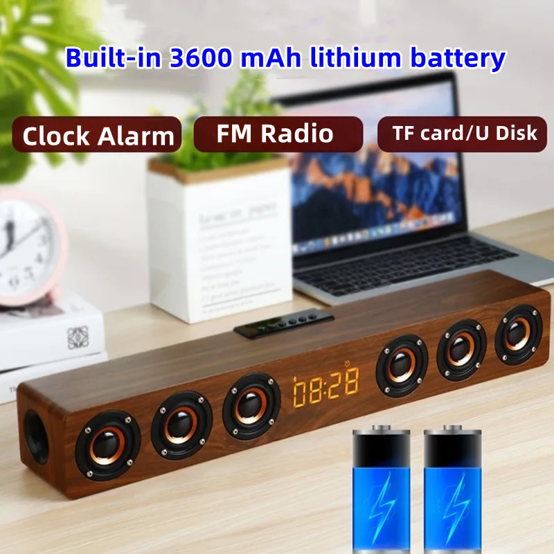 

Wooden Bluetooth Speaker Portable Wireless Subwoofer Clock Soundbox Home Computer Echo Wall Soundbar HiFi Stereo TF AUX U Disk