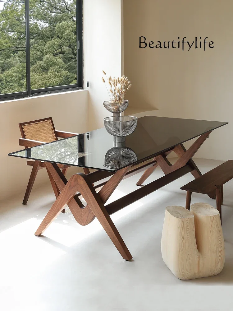 

Italian Minimalist Rectangular Glass Dining Table North American Black Walnut Solid Wood Dining Table Design