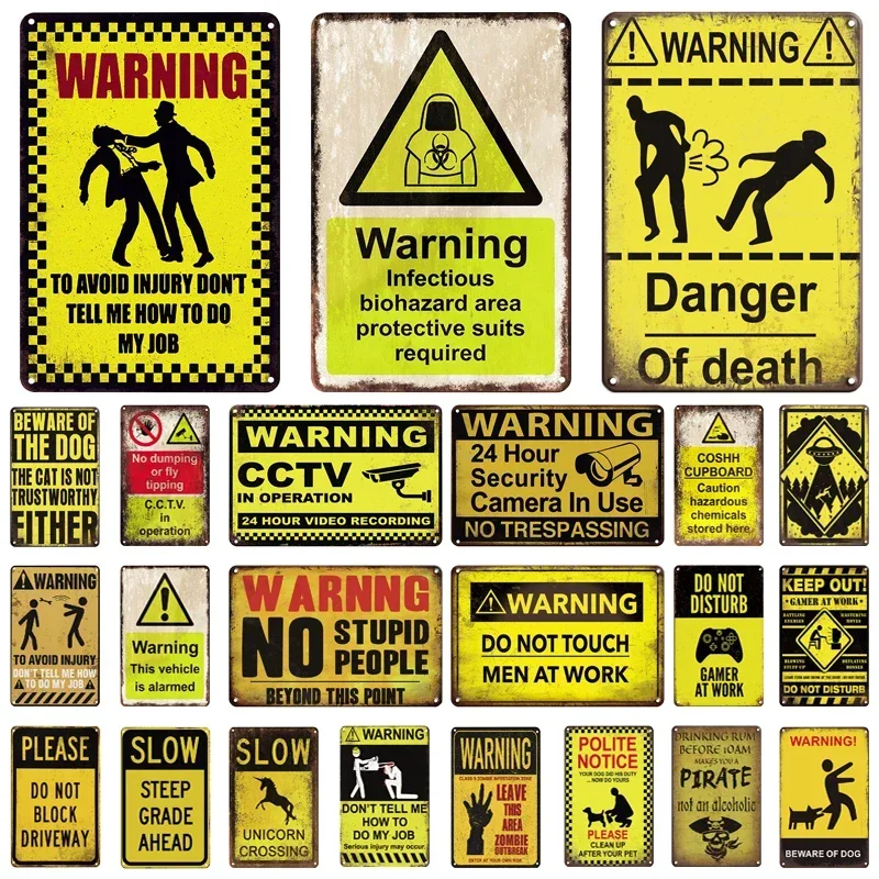 Warning Tin Sign Vintage Metal Sign Caution Slogan Video Camera Metal Plaque Danger Metal Poster for Farm House Door Wall Decor