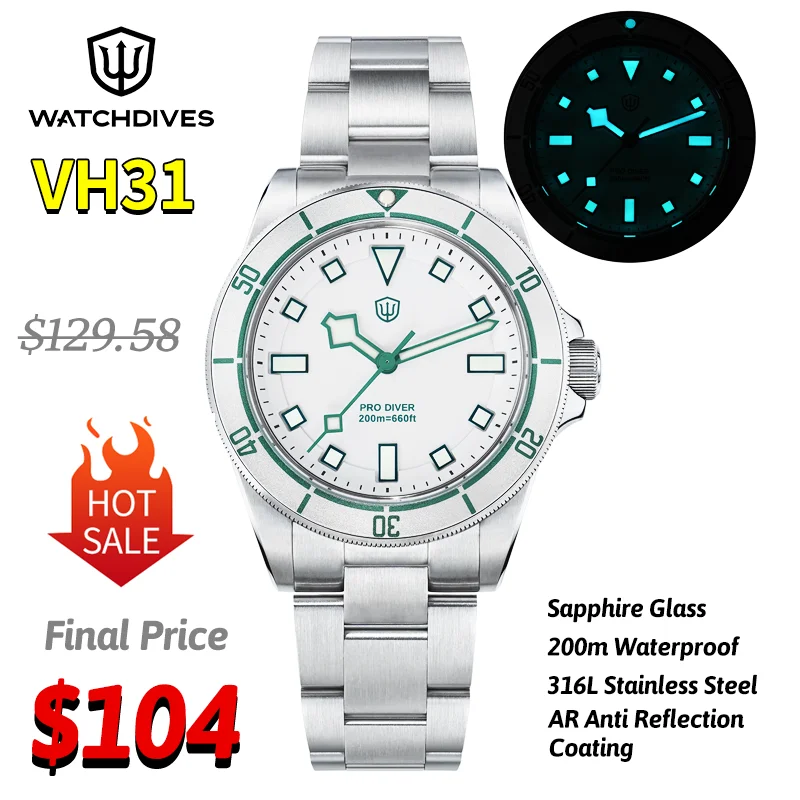 Watchdives New Fashion Quartz Watches WD1969 Pro VH31 Movement 200M Waterproof Sapphire Glass Luminous Steel Classic Man Watch