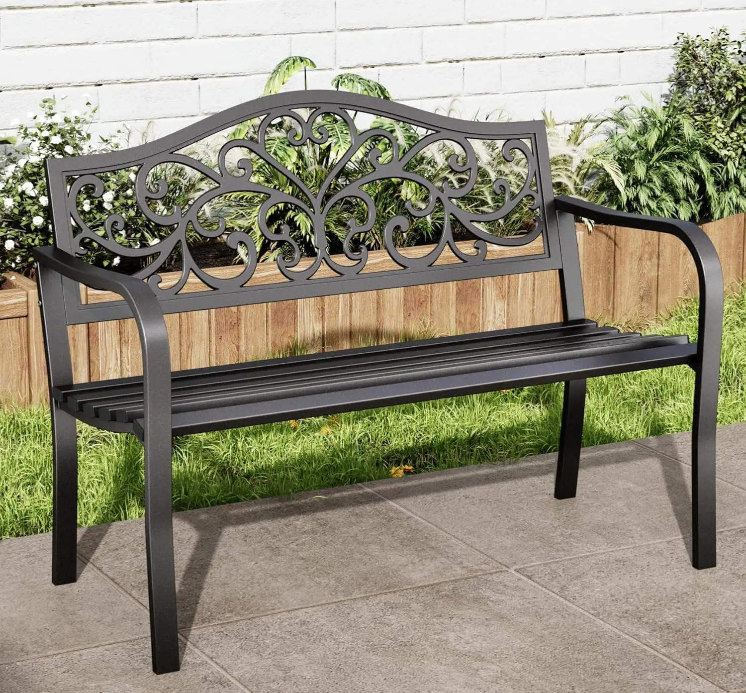 

43.7in Cast Iron Metal Garden Bench Floral Pattern Backrest Front Porch Outdoor Park, Customized