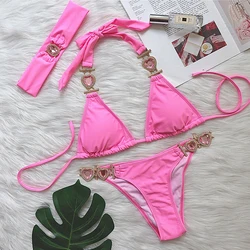 Maillot de bain rose sexy avec biscuits cœur, bikini, push-up, pour femmes, vêtements de plage, pour baigneurs