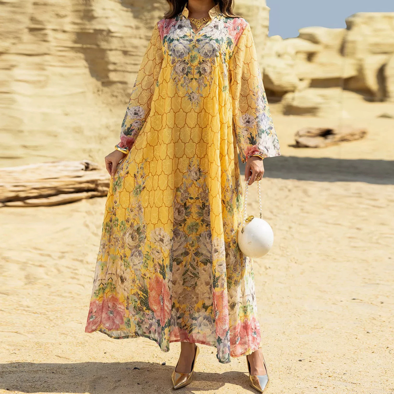 

2025 printed long dress Middle Eastern long dress women's robe Dubai embroidered dress-GZXX577