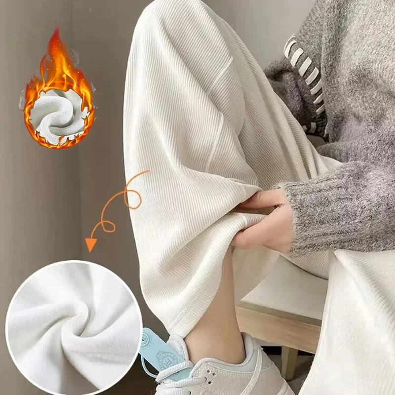 Winter Girls Classic Korean Snow Warm Velvet Pants Female High Waist Baggy Trousers Lady Solid Color Thermal Fleece Pants