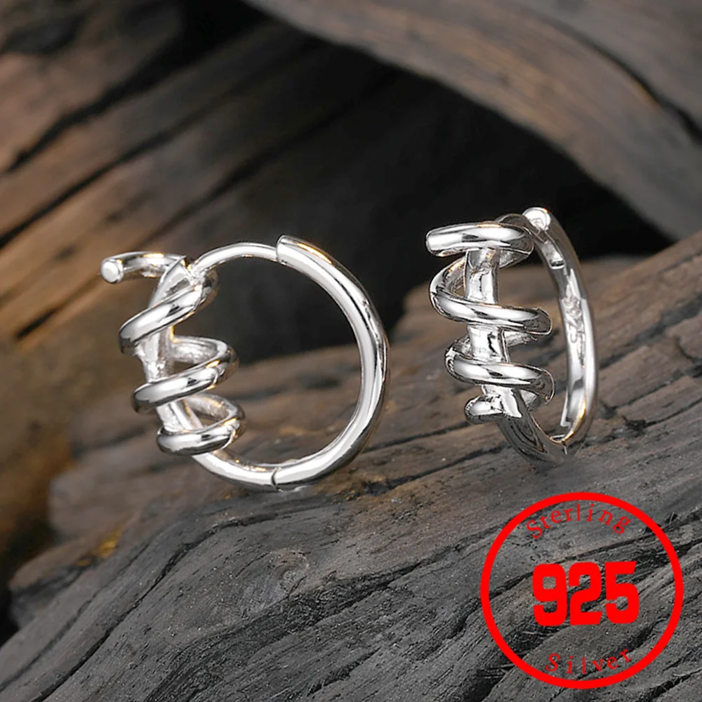 Stamp 925 Sterling Silver Sweet Creative Line Spring Hoop Earrings For Women Wedding Party Fine Jewelry