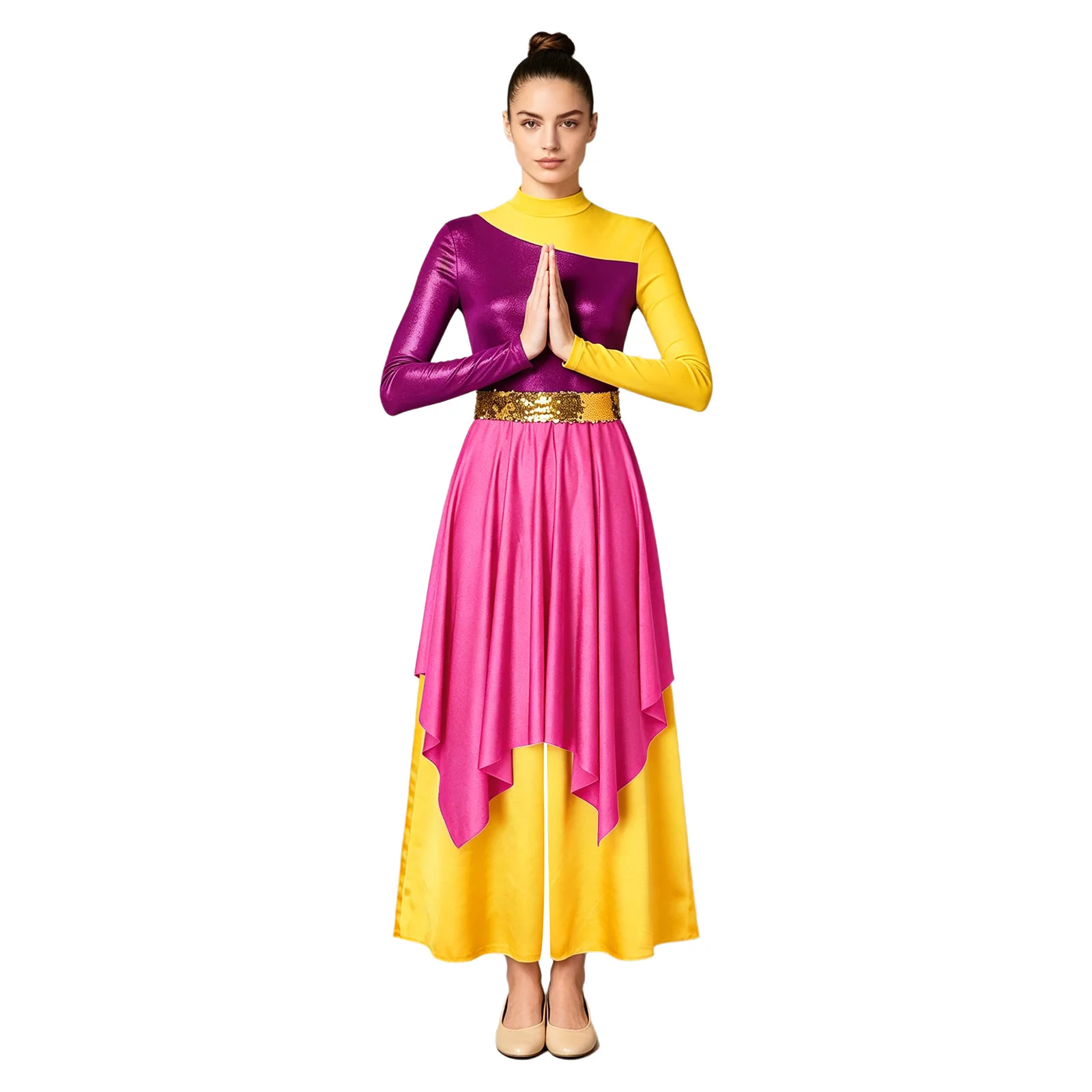 Women Liturgical Dance Jumpsuit Long Sleeve Asymmetrical Hem Contrast Color Dress Fake 2pcs Metallic Wide-Leg Pants Robe Dresses
