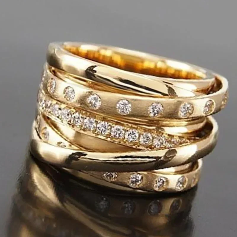 Popular Gold Color Multilayer Winding Inlaid Crystal Rhinestone Zircon Female Metal Ring for Women Party Jewelry Accessories