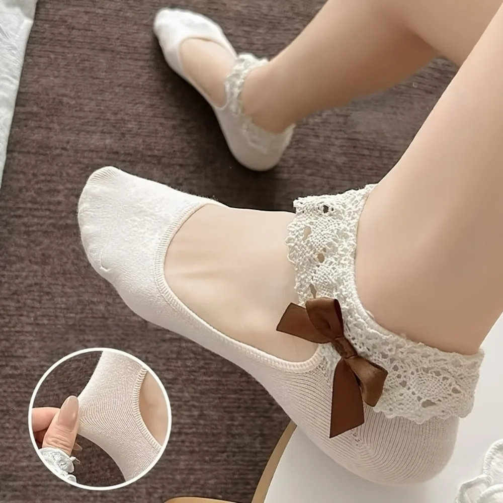 3 Pair Summer Versatile JK Short Socks Pairing with Shoes Versatile Mid Calf Socks Lace Bow Trim Boat Socks Random