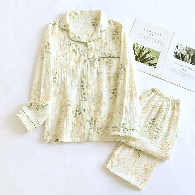 2025 nuevo conjunto de pijama de primavera y otoño para mujer, 100% de algodón con estampado de crepé, pantalones de manga larga, traje para casa de