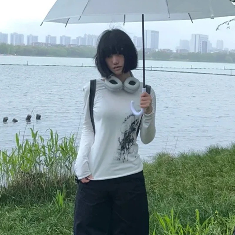 Karrcat trashy y2k tatuagem impressão camiseta grunge estética manga longa camiseta vintage 2000s estilo streetwear americano retro