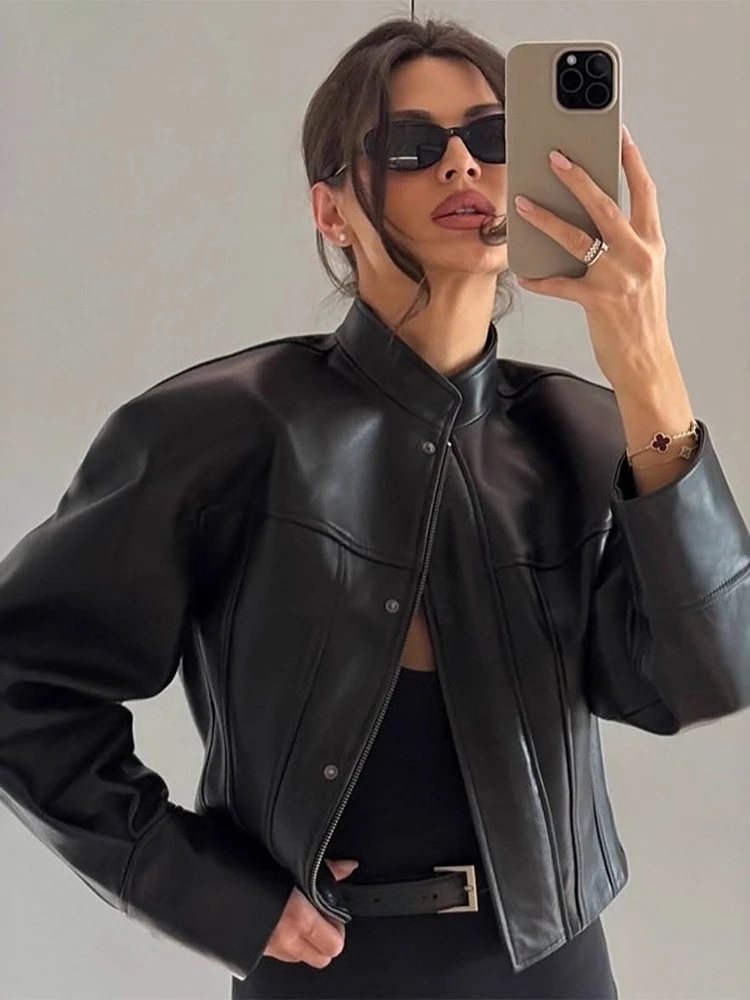 Tossy Black Stand-Up Collar Short Leather Jacket Personality Loose Long Sleeves Streetwear Autumn 2025 New Female Leather Jacket