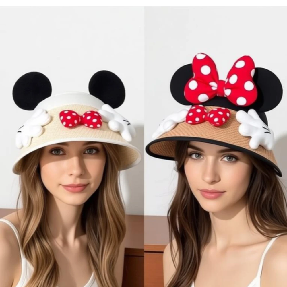 Cute Adult Cartoon Mouse Ears Summer Hat Travel Beach Hat Protection Sun Shade Visor Hat Outdoor Beach Hat Large Ear Straw Hat