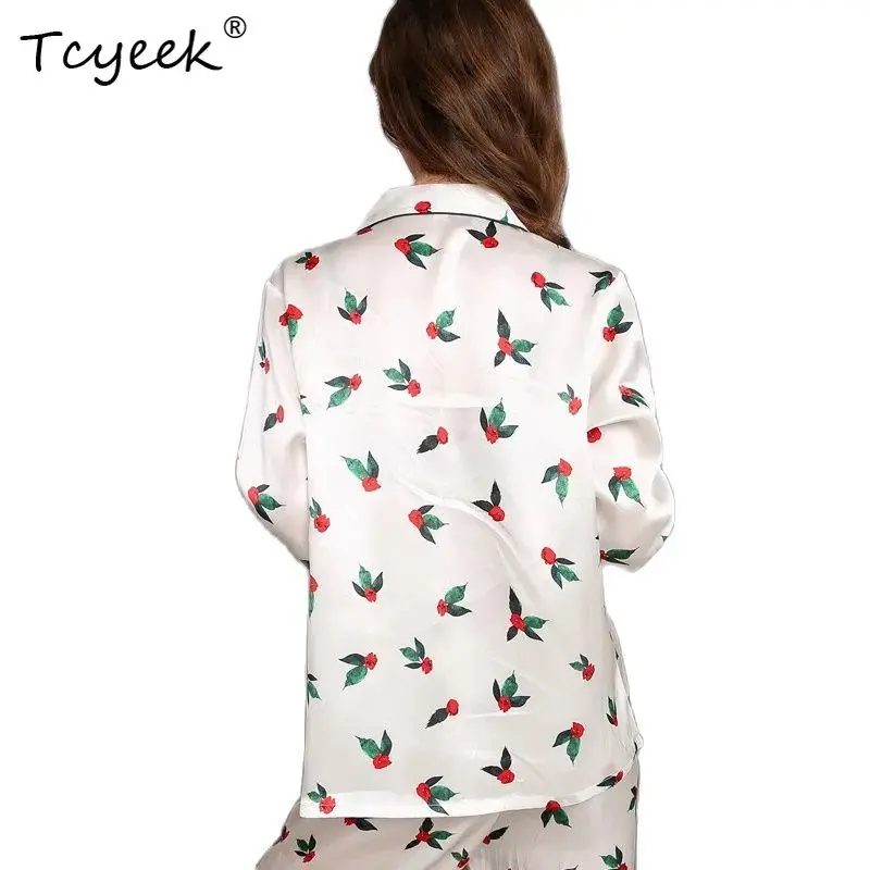 

Tcyeek 100%Real Silk Pajama Set, Women Long Sleeve Floral Top Pants, Casual High-quality Homewear, 2024 Summer Autumn S47895QM