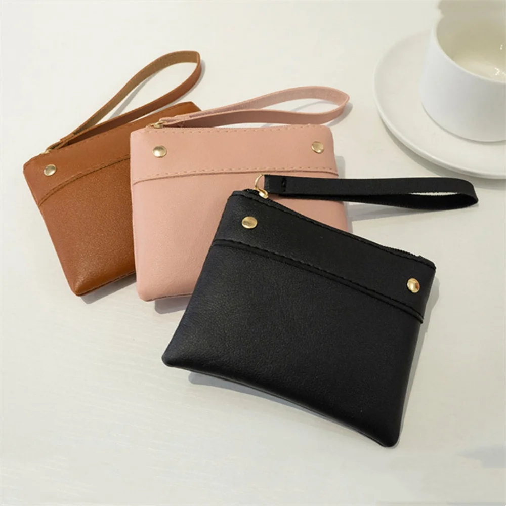 Women Short PU Leather Wallet Small Solid Color Coin Purses New Mini Key Pouch Girl Fashion Credit Card Pouch with Wrist Strap