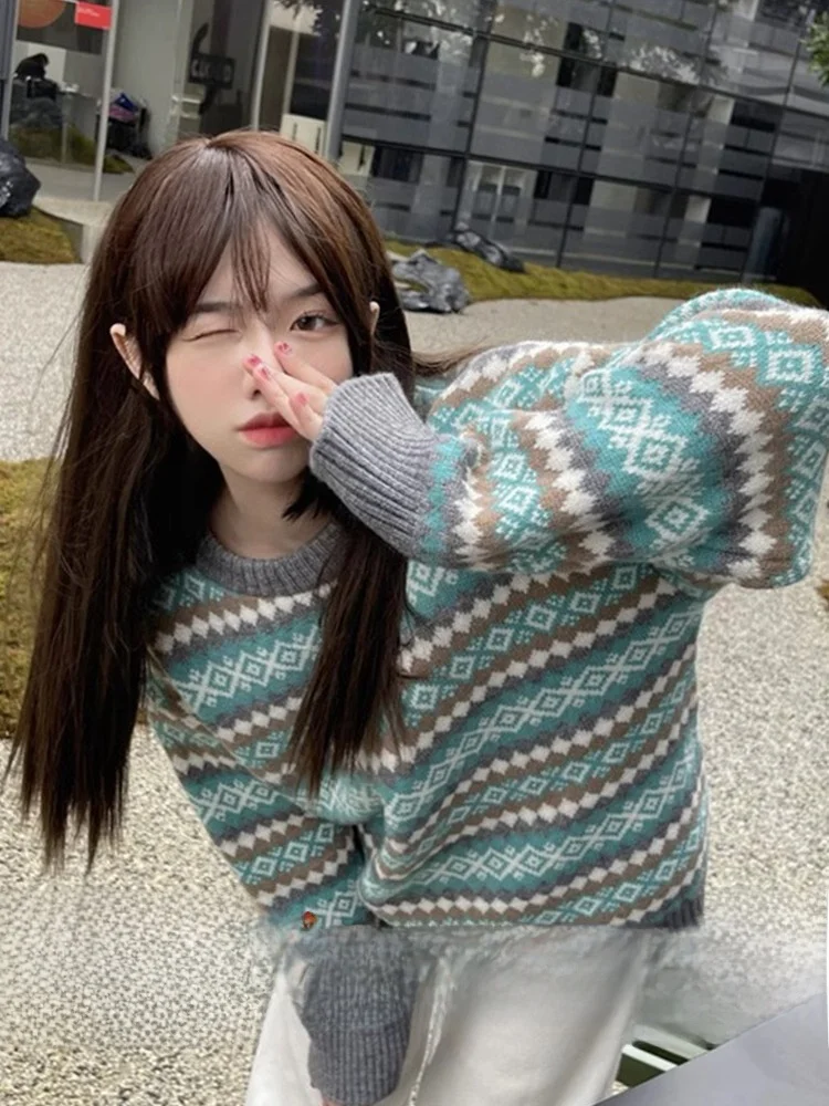 

Korean Lazy Sle Fair Isle Stripe Women's Knitted Thiened Sweater Autumn Winter Small Size Sweet Loose Fit round Ne Long...
