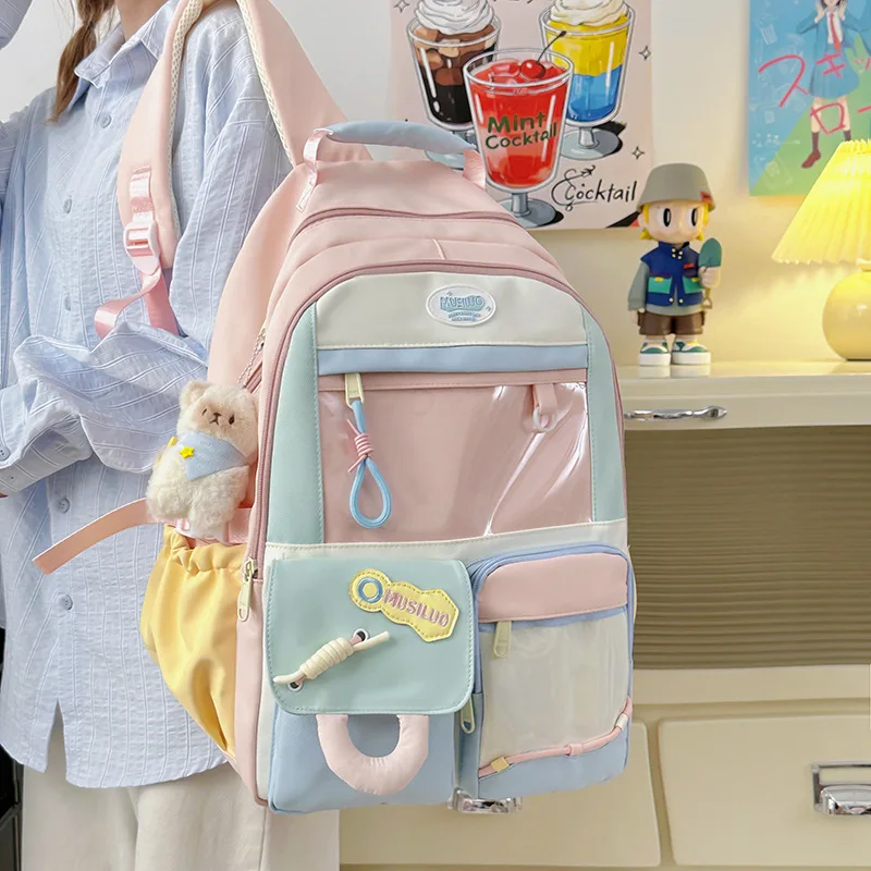 Backpack for Women Youth Campus Ita Bag Large Capacity Multi-Pocket Cartoon Print PU Leather Pink Blue Purple Khaki School Daily