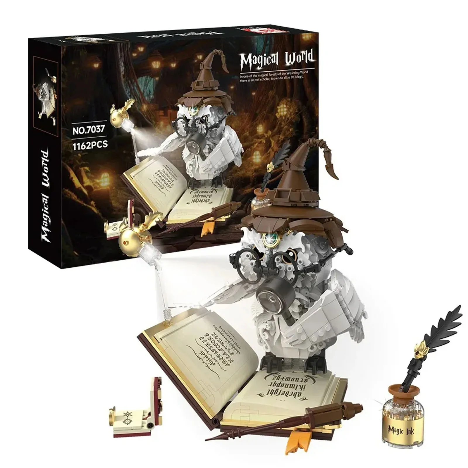 Kit de blocs de construction lumineux avec multi-scènes, 1162 pièces, cadeau créatif pour enfants et adultes, modèle de hibou magique