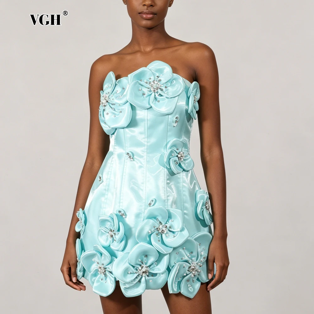 

VGH Blue Slimming Spliced Flowers Chic Dresses for Women Strapless Sleeveless Elegant Temperament Dress Female Summer Fashion