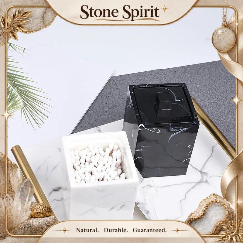 【Natural】Marble Pattern Cotton Swab Box Home Toothpick Holder Simple Hotel Bathroom Cotton Pad Storage Box