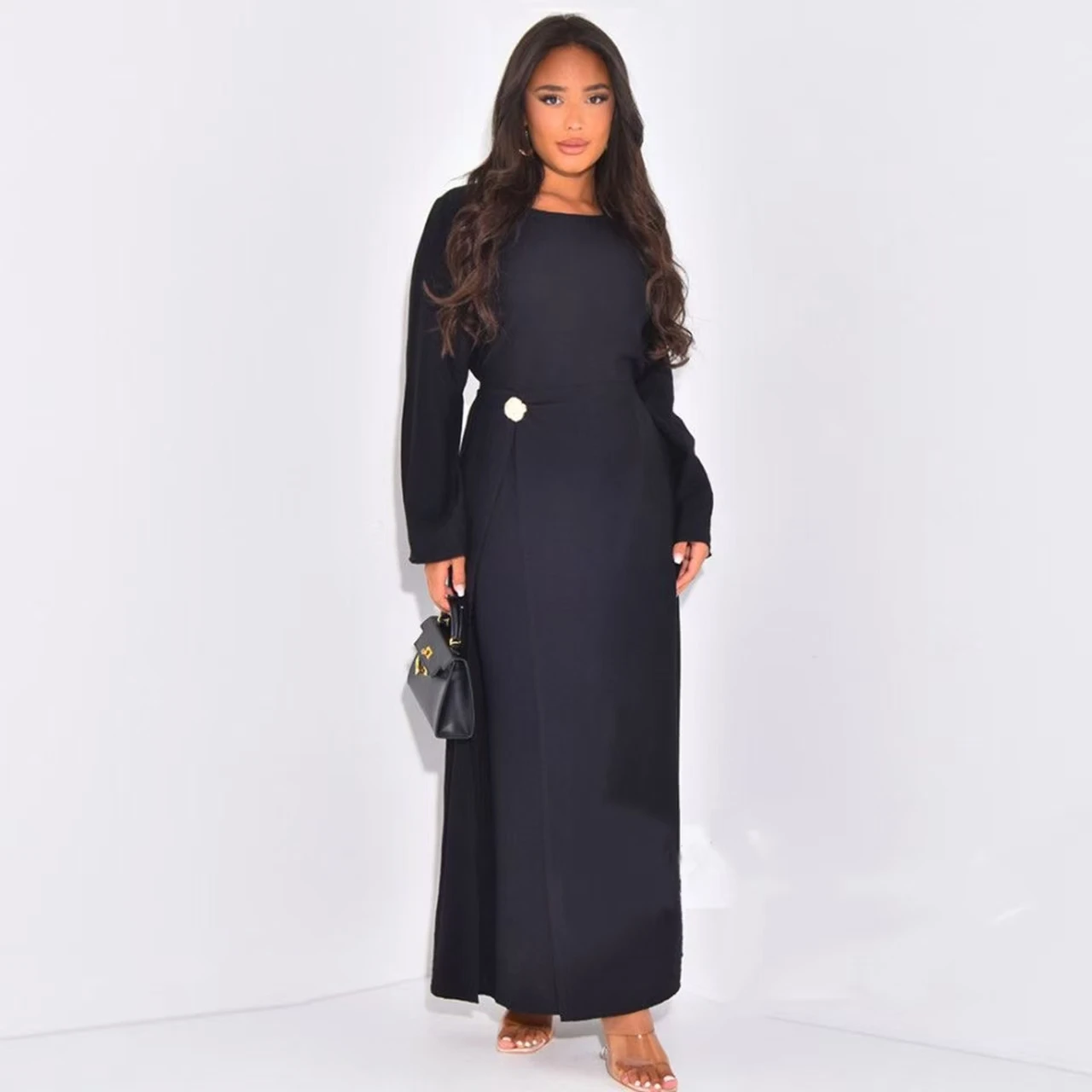 Ele High Waist A-Line Long Dr Faionable Round Ne Svel Midi Dr للنساء Stand Fit للارتداء اليومي