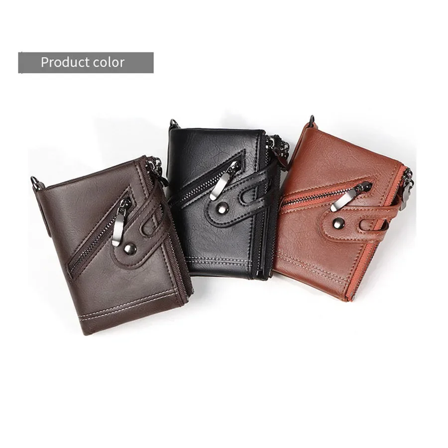 Men's Chain Wallet RFID Anti-Theft Men's Retro Leather Wallet Double Zipper Coin Purse Credit Card Holder for Men and Women