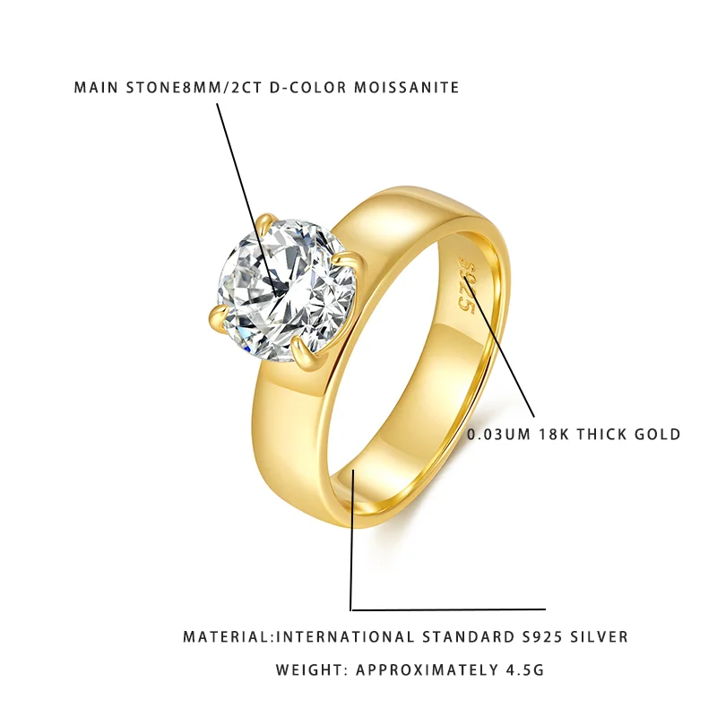 

2CT D-Color Moissanite Engagement Ring 18K Gold Plated S925 Silver 8mm Solitaire Wedding Ring for Women