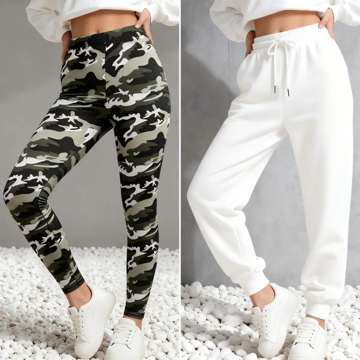 Conjuntos de 2 uds. De mallas gruesas de camuflaje para otoño, pantalones de chándal de Color sólido, ropa que combina con todo para mujer, pantalones para correr de lana Y2K para mujer