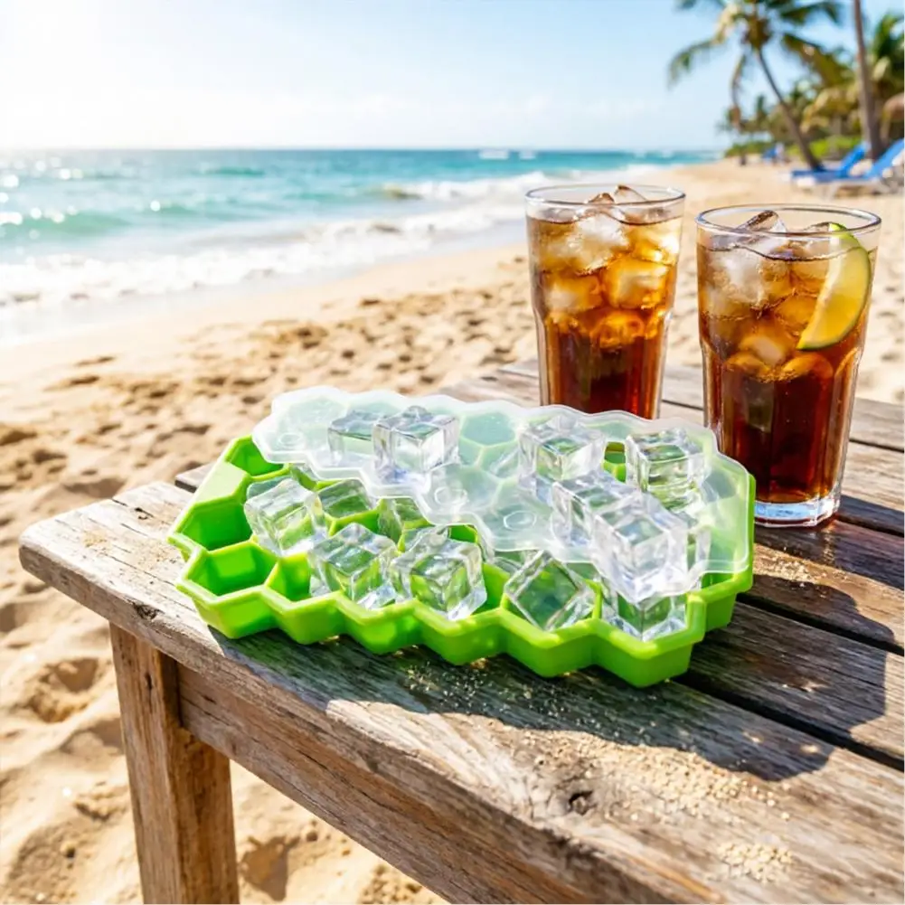 Flexible Silicone Ice Mold Honeycomb Tray With Cover Food Grade Large Ice Cube Maker For Freezer Home Bar