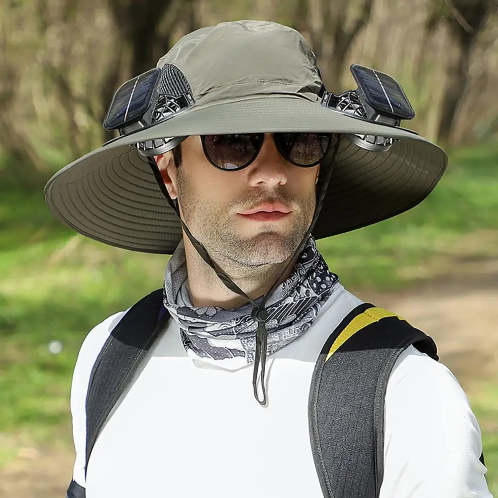 

Solar Fan Hat UPF 50+ UV Protection Hat 2 Solar Fans USB Outdoor Wide Brim Fishing Cap Built-in Fan Solar Powered Cooling Cap