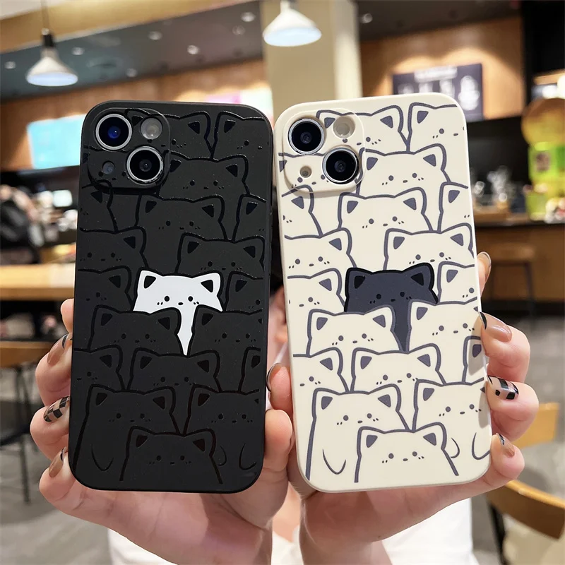 Cute Cartoon Cat Phone Cover For iPhone 11 12 13 14 15 16 Pro XS Max X XR 15 16 Plus Candy Color Soft Couple Silicone TPU Case